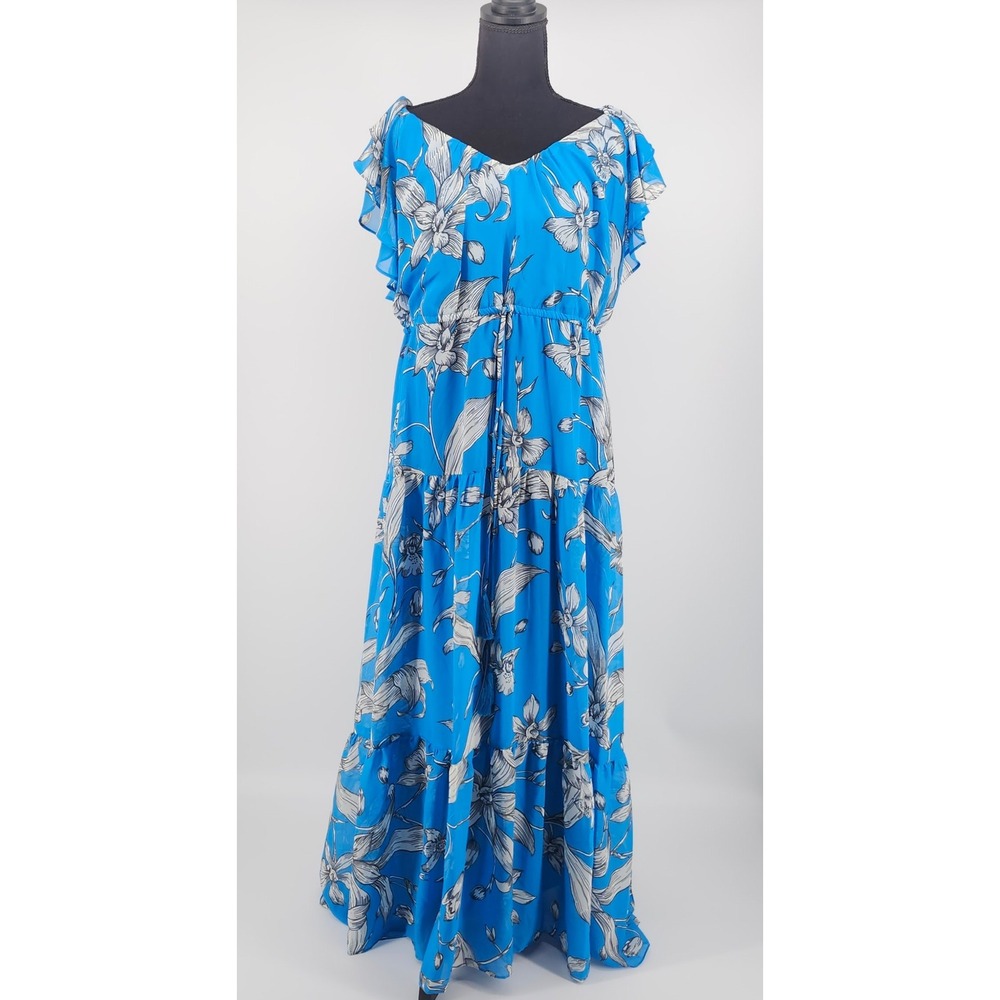 Taylor Blue Floral Chiffon Maxi Dress Ruffle Sleeve Tiered L NWT Tier